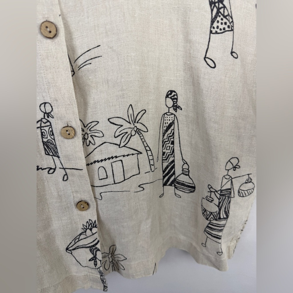 Hot Cotton by Marc Ware 100% Linen Shirt Women's Artsy Tribal Line Art L - Picture 4 of 6